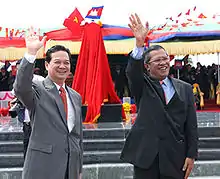 Nguyen Tan Dung, Vietnamese Prime Minister, and Hun Sen, Cambodian Prime Minister, opened ceremony of boundary stone at Moc Bai-Bavet border.