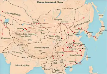 Diagram displaying nations of East and Central Asia in 13th century, their capitals and major cities, and the routes and times the Mongols attacked them in