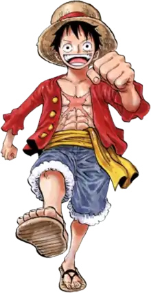 Monkey D. Luffy is the future king of the pirates an is wearing a red jacket with a straw hat, blue jean shorts, a yellow sash, and sandals.