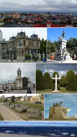 Top:Panoramic view of downtown Punta Arenas, from La Cruz Hills, Second:Sara Braun Palace (Palacio Sara Braun), Ferdinand Magellan Monument in Muñoz Gamero Square (Plaza Muñoz Gamero) Third:Punta Arenas Sacred Heart Cathedral, Cemetery of Punta Arenas, Fourth:Shepherd Monument, Goleta Ancud Monument, Bottom:An overview of Strait of Magellan, from Costanera area (all item from left to right)