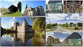 Clockwise from upper left: old lavoir; Church of Our Lady; mural of Paimpont forest; carved demon supporting the church pulpit; street views of the commune; Château de Trécesson