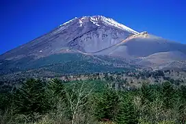 Mount Hōei (at right), viewed from Jūrigi Highland, Shizuoka Prefecture, with Mount Fuji in the background