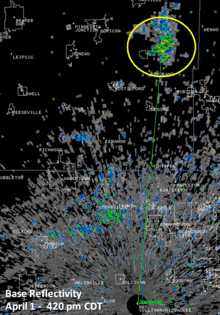 Image 12Wind farm interference (in yellow circle) on radar map (from Wind farm)