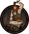 Mission "patch" of NROL-55: a weapon smith (Hephaestus) is forging a sword. "SUSTENTANTES BELLATORES DE CÆLIS" means something like "In sustained support for the warriors, from the sky/or heaven"