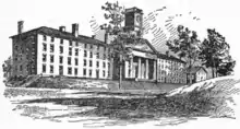 Pen and ink sketch of a row of 19th century brick buildings on a hill.  The center building has a clock tower and a Greek Revival front with pillars and a triangular pediment. The two buildings on either side are long, plain, four story buildings with many windows.