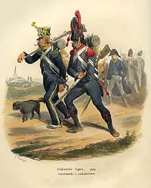 Print of two musket-armed soldiers in blue coats with white cross belts and blue trousers. One wears a fur hat with red epaulettes while the other sports a shako with yellow trim and green epaulettes.