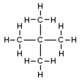 Skeletal formula of neopentane with all implicit carbons shown, and all explicit hydrogens added