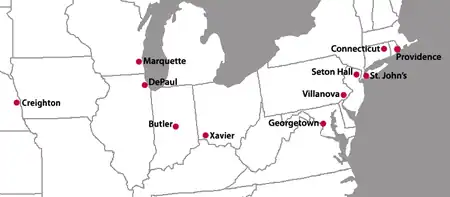 A map of the eastern United States with red location markers for ten cities.