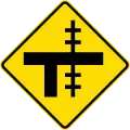 (W15-2.1/PW-13.3) Railway level crossing on uncontrolled T-junction to right