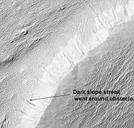 Nicholson Crater Central Mound, as seen by HiRISE.  Click on image to see dark slope streak being diverted by an obstacle.