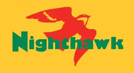 The nighthawk label is a gold-yellow rectangle (long side horizontal). On it is the silhouette of a red songbird in flight. Written in green across the bird is the word "Nighthawk"