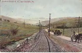 Northern Electric Railway line through Chinchilla, PA, looking east, 1908