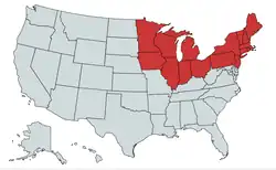 The states shown in red are each considered part of the Northern United States.