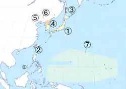 De jure map of Japan under Allied occupation (1 to 6).

# The Japanese archipelago, placed under the authority of the Supreme Commander for the Allied Powers (de facto United States), effective 1945–1952 (note: A portion of Japanese territory was put under United States administration after 1952 in accordance with Article 3 of San Francisco Peace Treaty: Iwo Jima (until 1968) and Okinawa (until 1972); such arrangement was treaty based, and not part of the Allied occupation).
# Japanese Taiwan and its Spratly Islands, placed under the authority of China.
# Karafuto Prefecture and the Kuril Islands, placed under the authority of the Soviet Union.
# Japanese Korea south of the 38th parallel north, placed under the authority of the United States Army Military Government in Korea, granted independence in 1948 as the Republic of Korea (South Korea).
# The Kwantung Leased Territory, occupied by the Soviet Union 1945–1955, returned to China in 1955.
# Japanese Korea north of the 38th parallel north, placed under the authority of the Soviet Civil Administration, granted independence in 1948 as the Democratic People's Republic of Korea (North Korea)
# The South Pacific Mandate, single Japanese colony in the name of the League of Nations, occupied by the United States 1945–1947, converted into the Trust Territory of the Pacific Islands of the United Nations under the US administration in 1947.