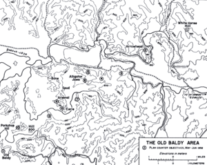 A topographic map showing a series of hills surrounded by defensive perimeters.