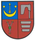 Symbol of Olesko. 1 Sas, 2 Topór, 3 Herburt, 4 Korczak. Coat of arms of Jan Daniłowicz h. Sas (landowner in 1605), from his mother Katarzyna Tarło/wa h. Topór, and his grandmothers Katarzyna Odnowski/a h. Herburt, and Regina Malczycki/a h. Korczak.