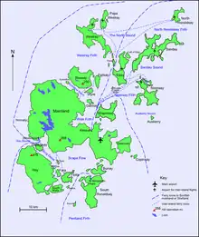  A map of the Orkney archipelago showing main water transport routes. A small island with a high elevation is at the southwest. At centre is the largest island, which also has low hills. Ferry routes spread out from there to the smaller islands in the north.