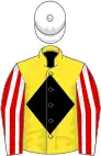 Yellow, black diamond, red and white striped sleeves, white cap