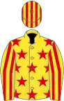 Yellow, red stars, striped sleeves and cap