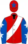 Red, white sash, royal blue sleeves, white stars, red cap, royal blue star