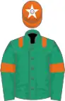 Emerald green, orange epaulettes and armlet, orange cap, white star