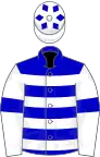 Blue and white hoops, white sleeves, blue armlets, white cap, blue diamonds