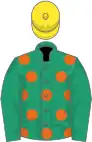 Emerald green, orange spots, emerald green sleeves, yellow cap