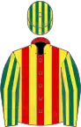 Red and yellow stripes, dark green and yellow striped sleeves and cap