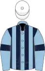 Light blue and dark blue stripes, light blue sleeves, dark blue armlets, white cap