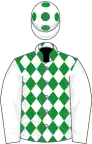 Green, white diamonds and sleeves, white cap, green spots