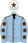 Light blue, brown seams, brown spots on sleeves, white cap, brown star