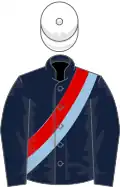 Dark blue, red and light blue sash, white cap