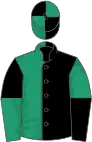 Black and emerald green (halved), reversed halved sleeves, quartered cap