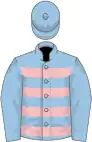 light blue, pink hoops, light blue sleeves, light blue cap