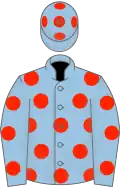 Light blue, scarlet spots, light blue cap