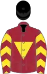 Maroon, yellow inverted triangle, yellow chevrons on sleeves, black cap