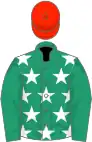 Emerald green, white stars on body, scarlet cap