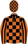 Orange and black check, striped sleeves, check cap