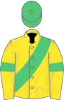 Yellow, emerald green sash, armlets and cap