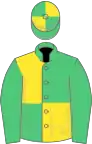 EMERALD GREEN and YELLOW QUARTERED, emerald green sleeves, quartered cap