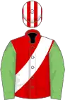 Red, white sash, light green sleeves, red and white striped cap