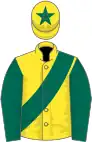 Yellow, dark green sash, sleeves and star on cap