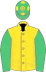 Yellow, emerald green sleeves, emerald green cap, yellow spots