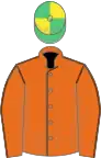 Orange, brown seams, emerald green and yellow quartered cap