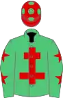 EMERALD GREEN,red cross of lorraine,green slvs,red stars,red cap,green spots