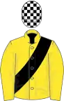 YELLOW, black sash, black and white check cap