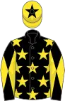 Black, yellow stars, diabolo on sleeves, yellow cap, black star