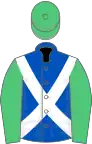 Royal Blue, White cross belts, Emerald Green sleeves and cap