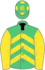 Emerald green and yellow chevrons, yellow sleeves, emGreen cap, yellow spots