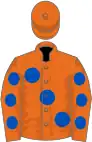 Orange, large royal blue spots, royal blue spots on sleeves, orange cap